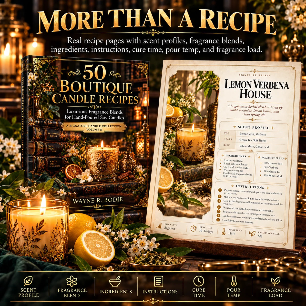 Promotional interior showcase featuring the Lemon Verbena House scent profile and recipe layout