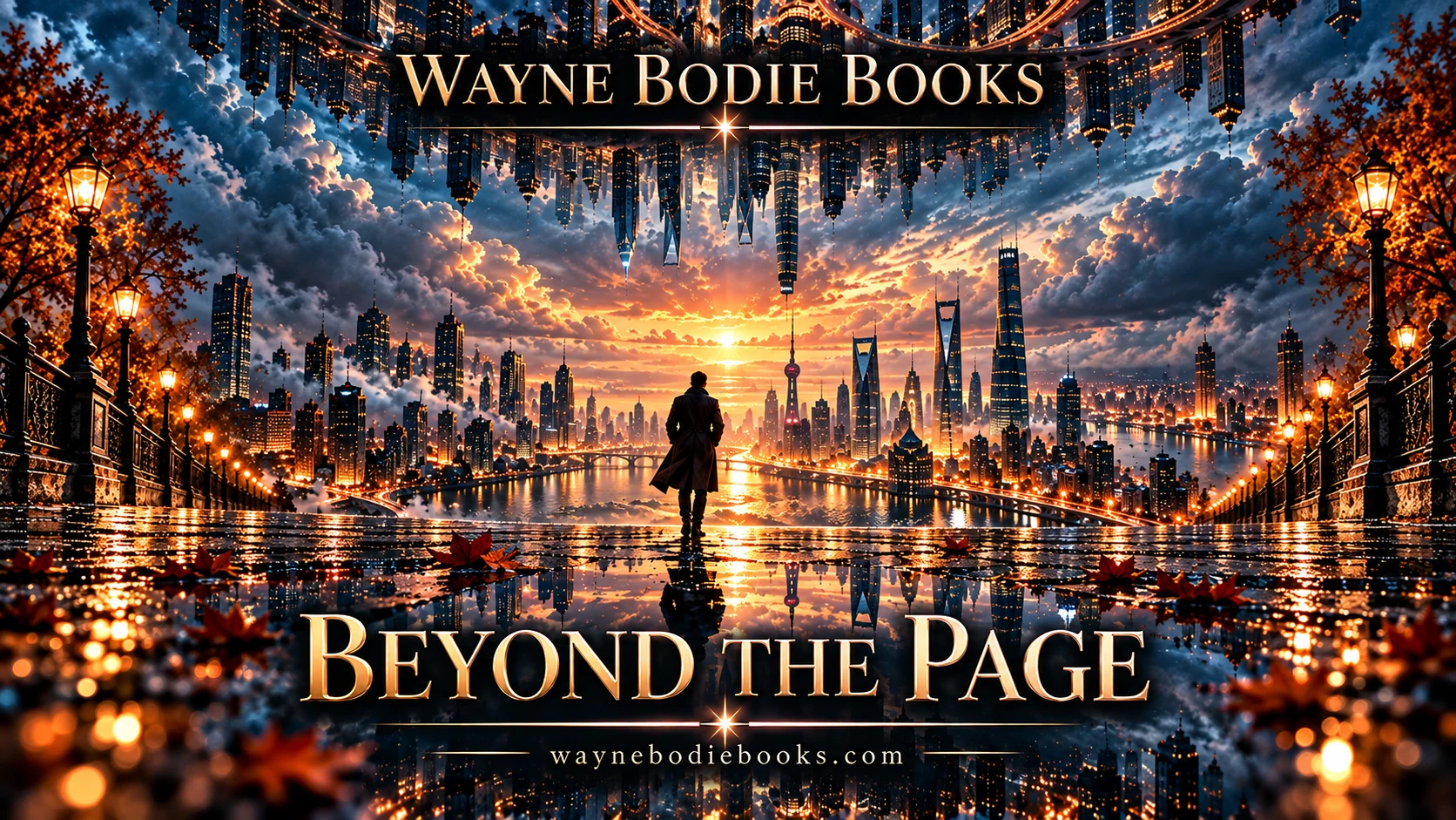 Beyond the Page original Wayne Bodie Books artwork: a mirrored illuminated city at sunset with the brand title and a figure at the horizon