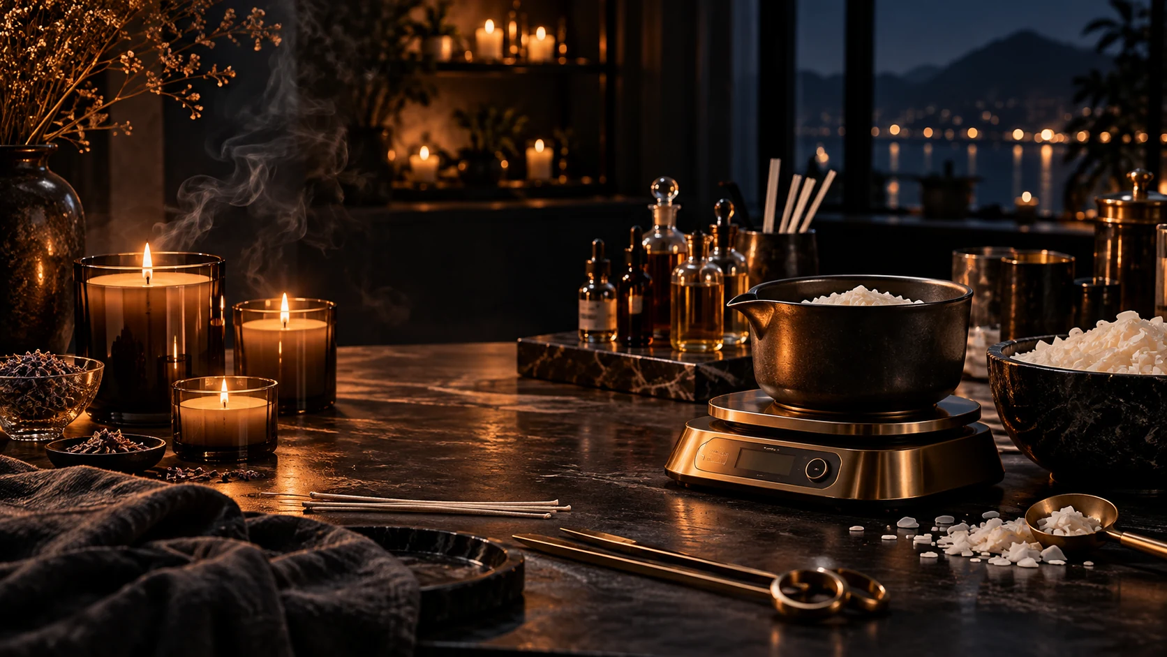 Cinematic candle making atelier with candles, wax and fragrance bottles
