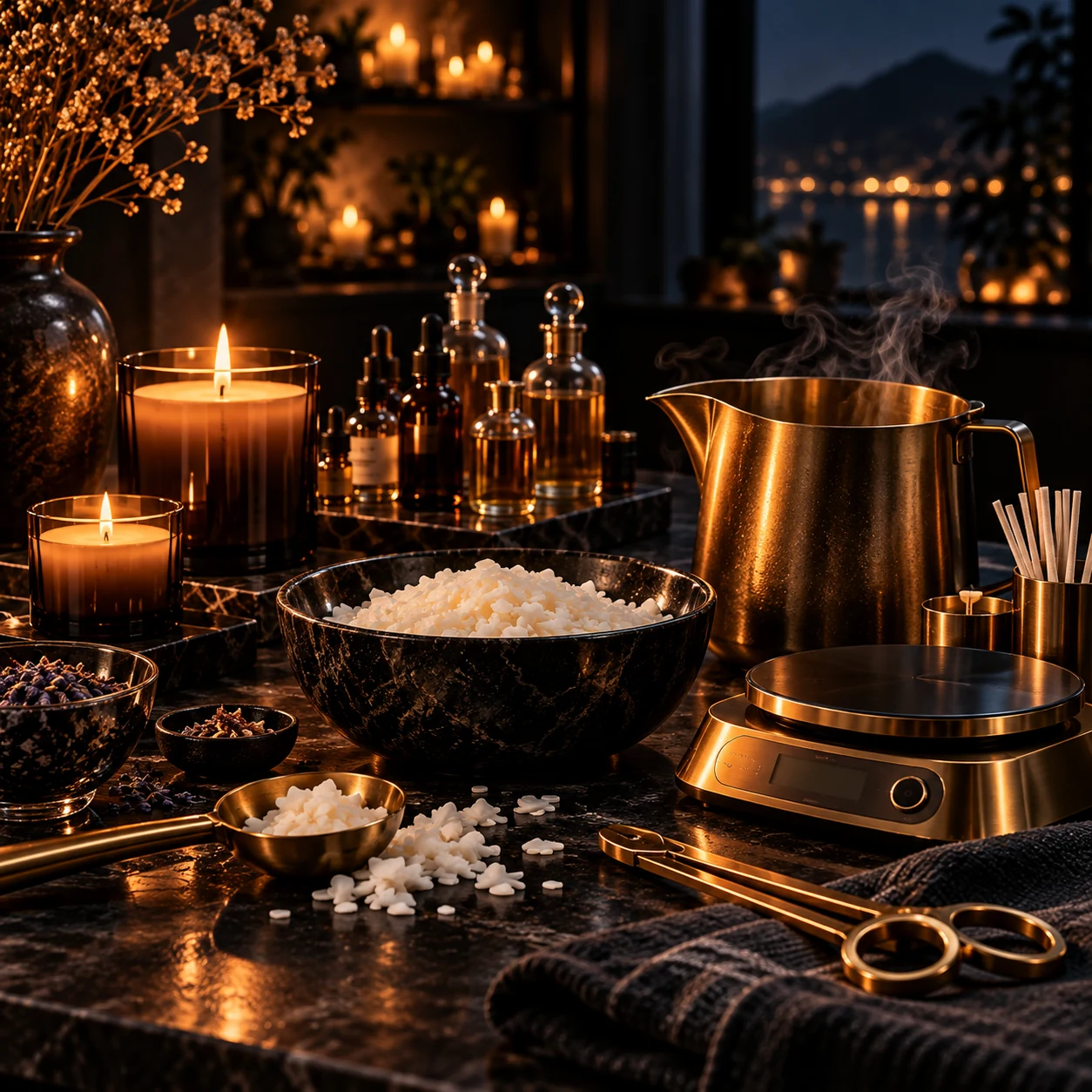 Luxury candle making workspace with glowing candles and fragrance bottles