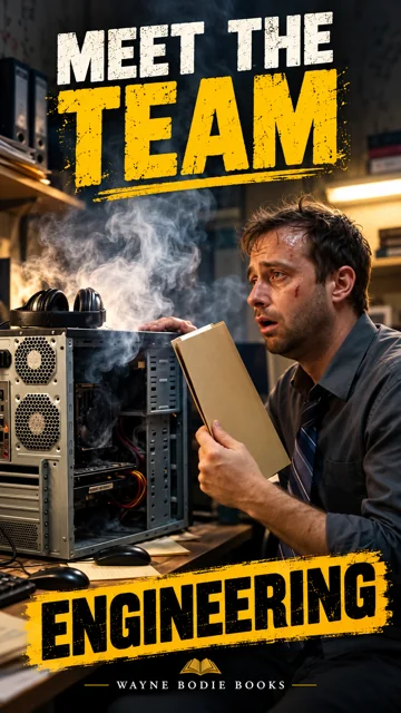 Meet the Team comedy artwork: a fictional engineer beside a smoking computer