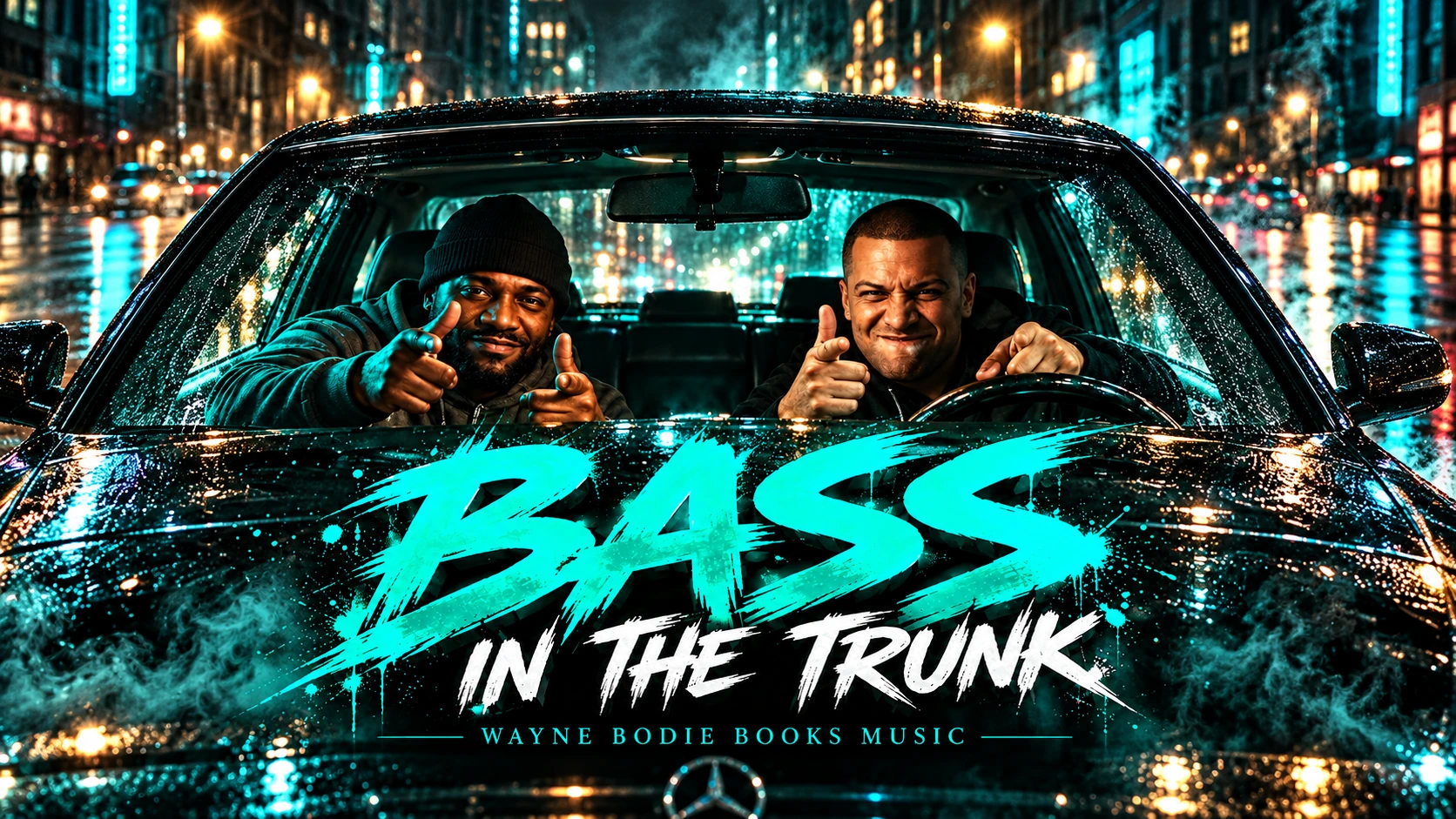 Bass in the Trunk, widescreen nighttime car and neon teal artwork from Wayne Bodie Books Music