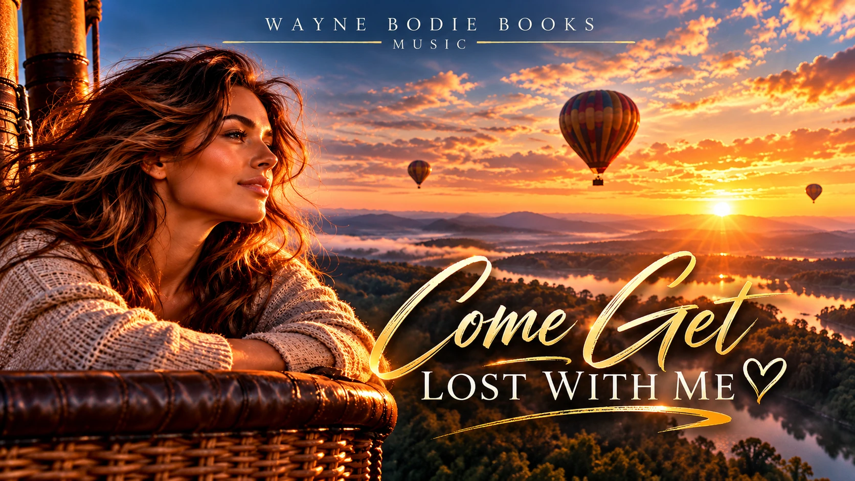 Come Get Lost With Me, widescreen sunset and hot air balloon artwork from Wayne Bodie Books Music