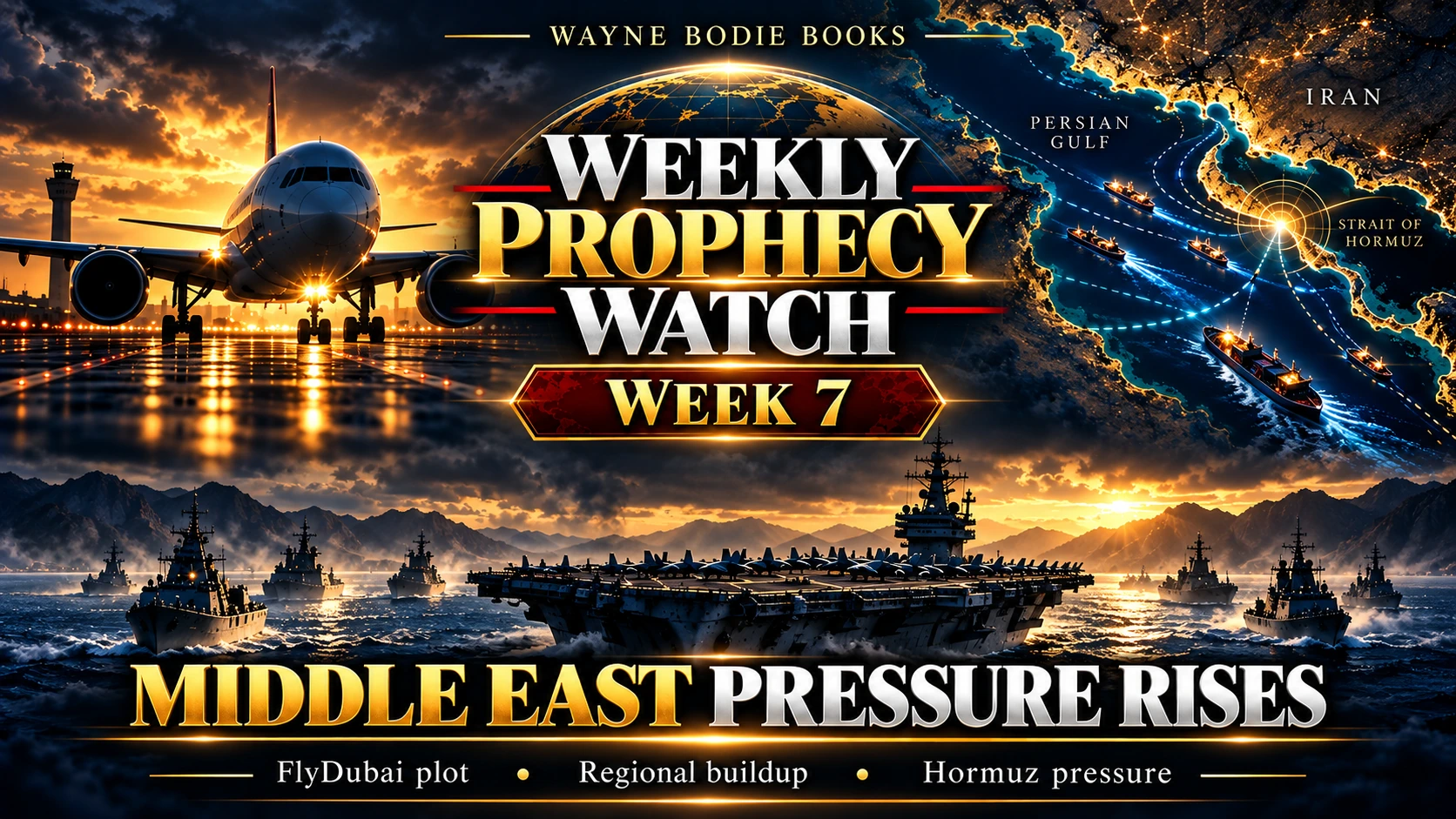Weekly Prophecy Watch Week 7 artwork showing Middle East pressure around aviation, military buildup and the Strait of Hormuz