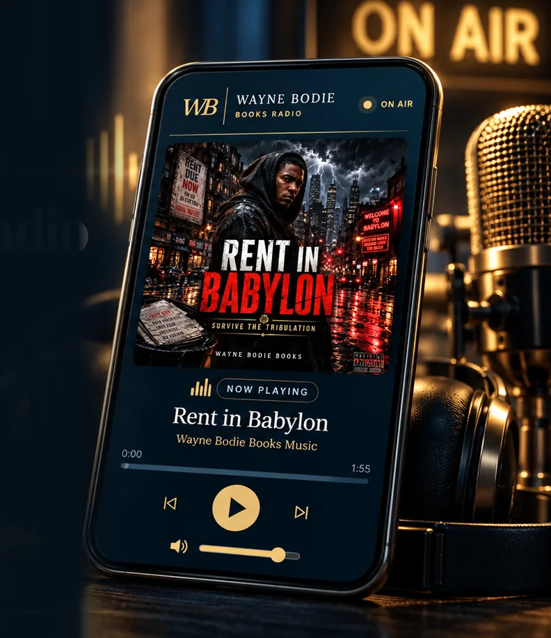 Promotional scene showing the Wayne Bodie Books Radio player on a phone beside a studio microphone