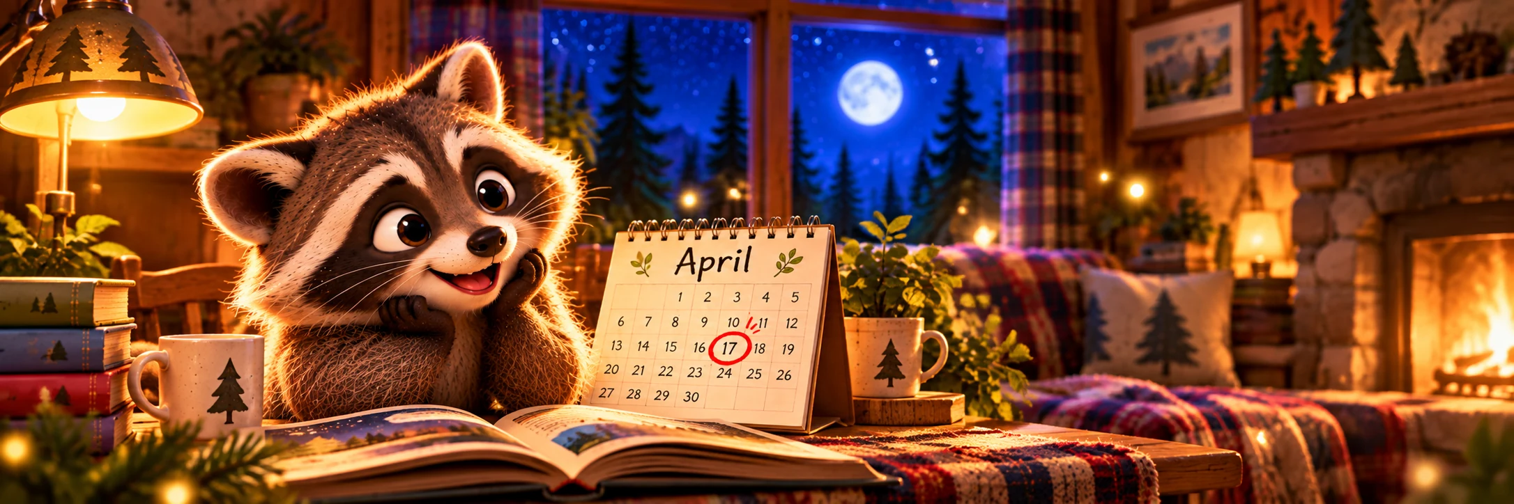 Raccoon relaxing in a cozy cabin beside a calendar with April 17 circled under a moonlit window
