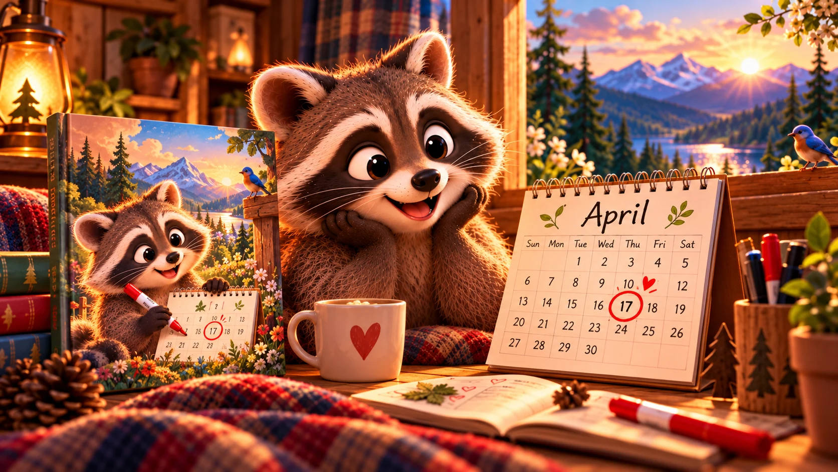 Smiling raccoon beside an April calendar with April 17 circled in a warm cabin