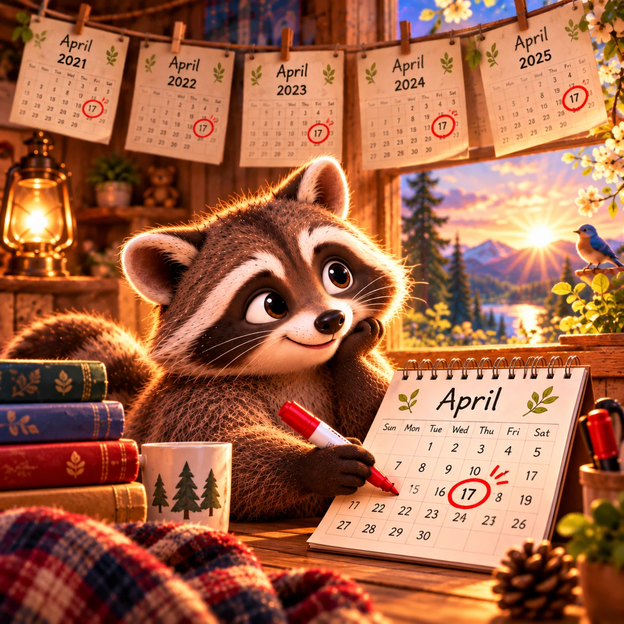 Raccoon holding a red marker beside an April calendar with April 17 circled