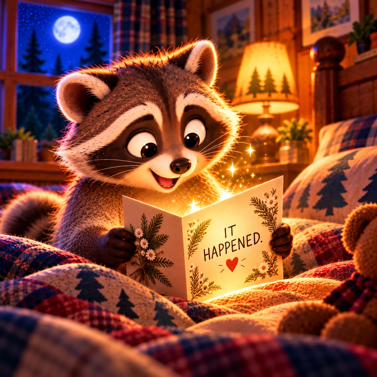 Happy raccoon in bed reading a card that says IT HAPPENED